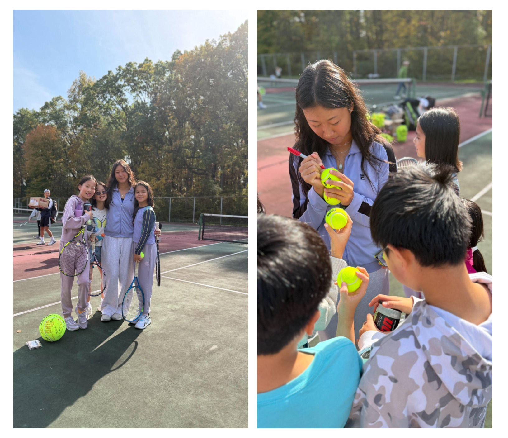 Coach Laura Li with young players and signing tennis balls during the 2025 Fall Tennis Club